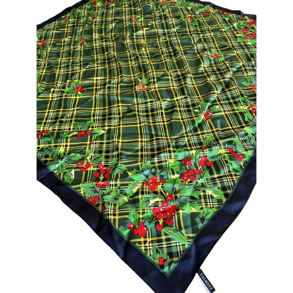 Talbots 100% Silk Scarf Christmas Holly & Tartan Plaid Green Navy 34” Square - Picture 1 of 12